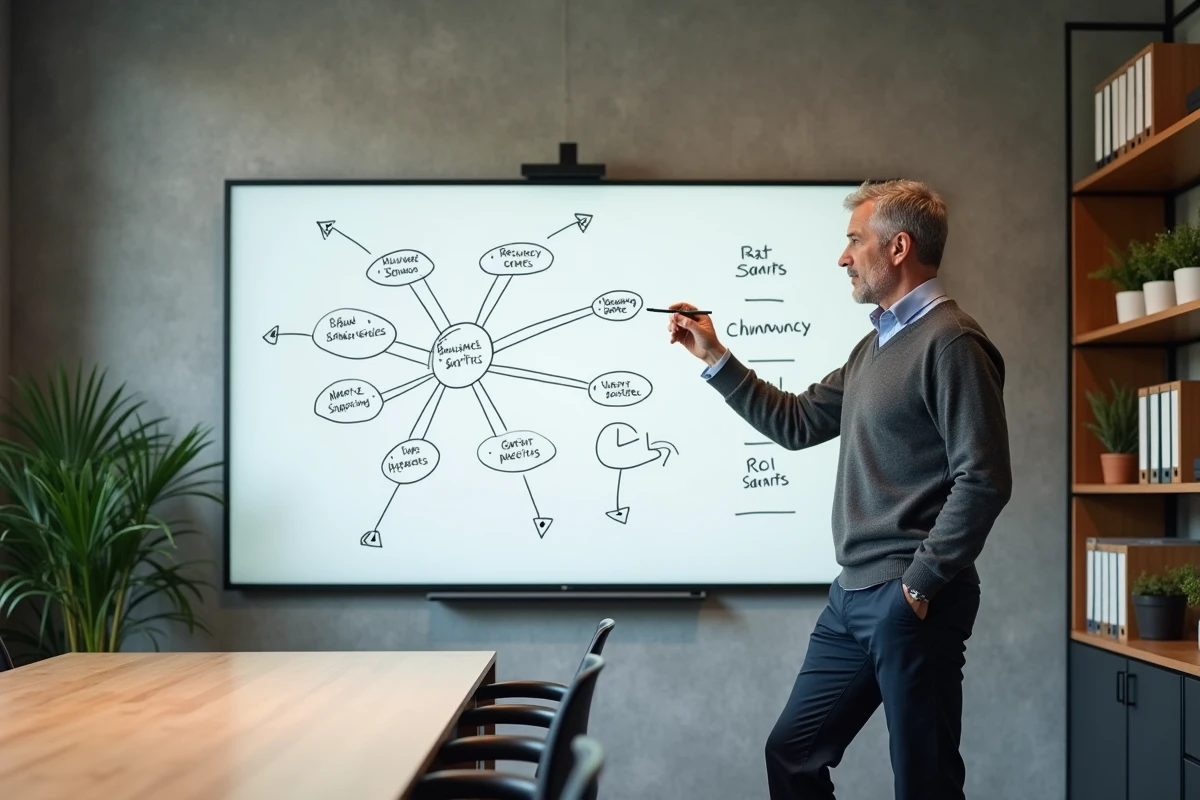 Dirigeant présentant un diagramme de réseau et de ROI relationnel sur un tableau blanc numérique en salle de stratégie