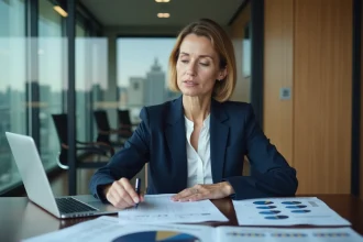 Dirigeante en blazer marine analysant des documents stratégiques dans une salle de réunion moderne avec vue sur la ville