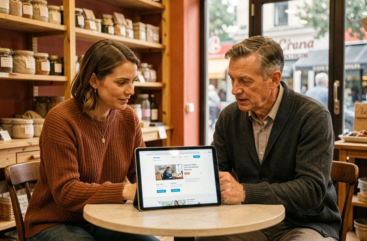 Deux dirigeants de TPE consultant ensemble un guide numérique sur une tablette dans une boutique artisanale française