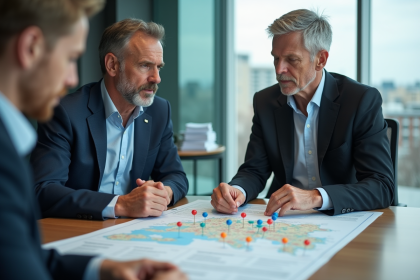 Homme et femme en r&eacute;union municipale avec carte r&eacute;gionale