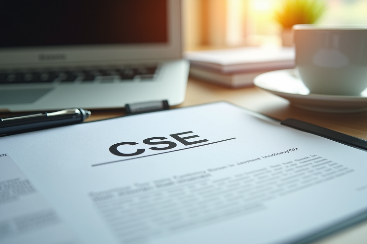 Document CSE sur un bureau avec ordinateur et café