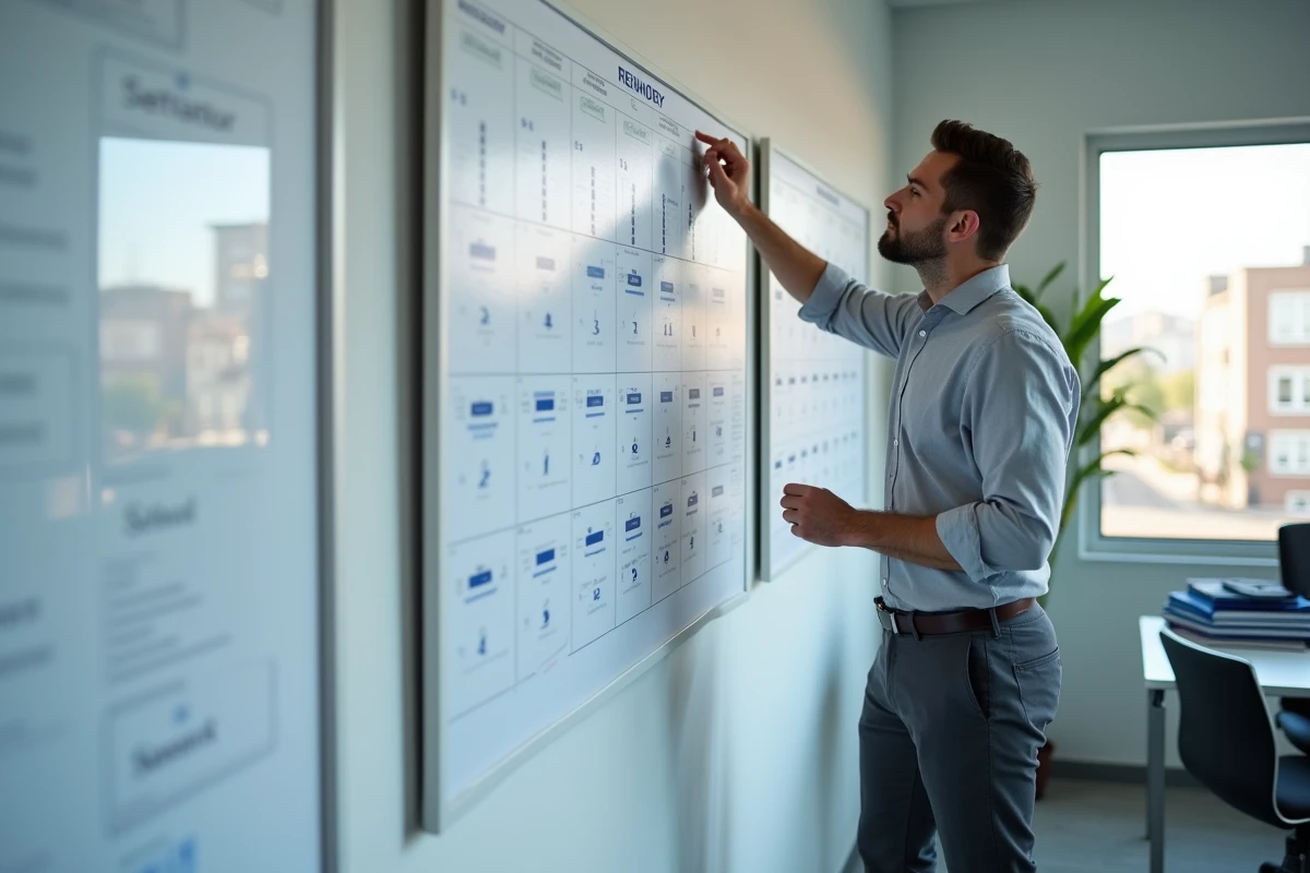 Homme en chemise grise planifiant la durée de son préavis de démission sur un calendrier mural dans un bureau RH