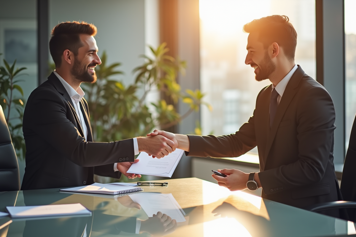 Professionnel échangeant un document dans un bureau lumineux