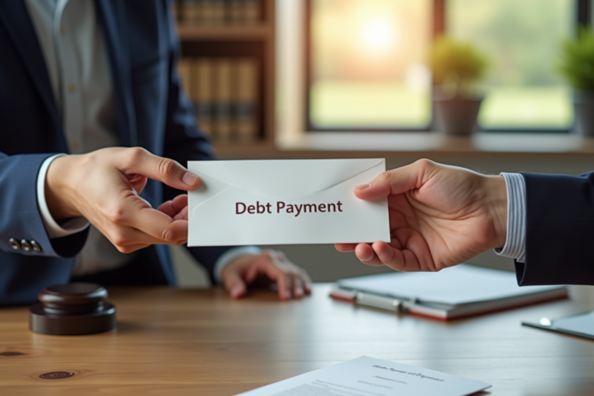 Main échangeant une enveloppe de paiement de dettes dans un bureau moderne