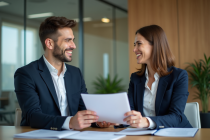 Femme en blazer navy échange avec un jeune homme au bureau