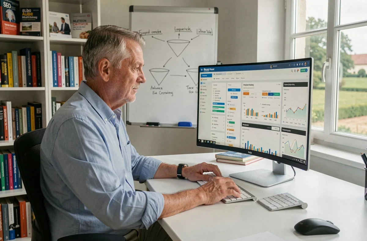 Consultant SEO senior Effi10 dans l'Aube analysant des données de référencement sur son ordinateur