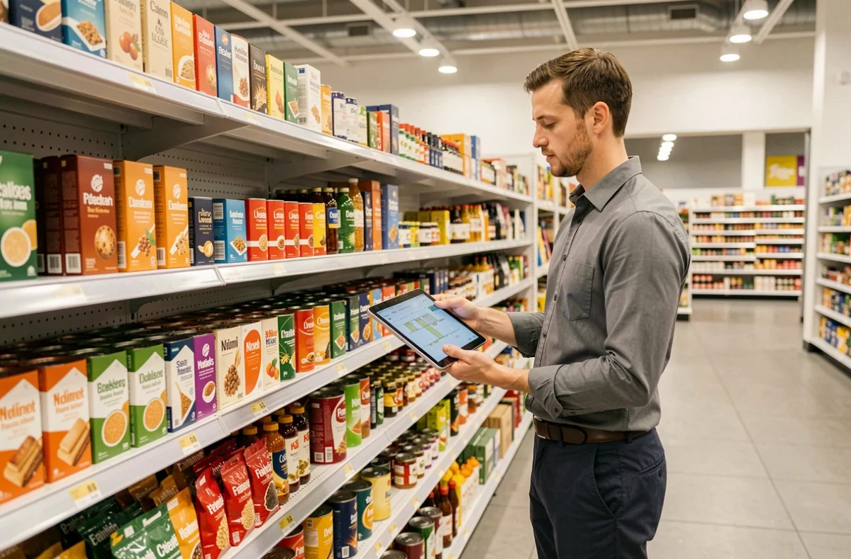 Chef de rayon emerchandising réorganisant un linéaire en grande surface avec tablette et planogramme