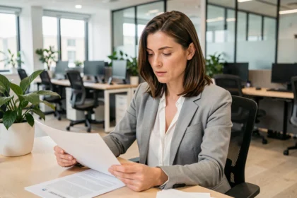 Employée en blazer gris examinant des documents dans un open-space moderne, illustrant les conditions de travail en entreprise