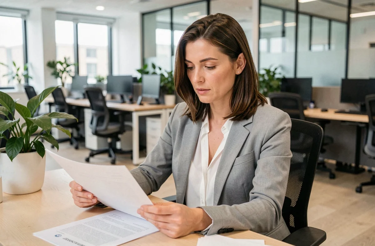 Employée en blazer gris examinant des documents dans un open-space moderne, illustrant les conditions de travail en entreprise