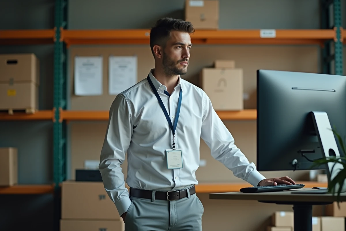 Employé masculin naviguant sur l'extranet GTm La Poste depuis un bureau logistique avec badge professionnel
