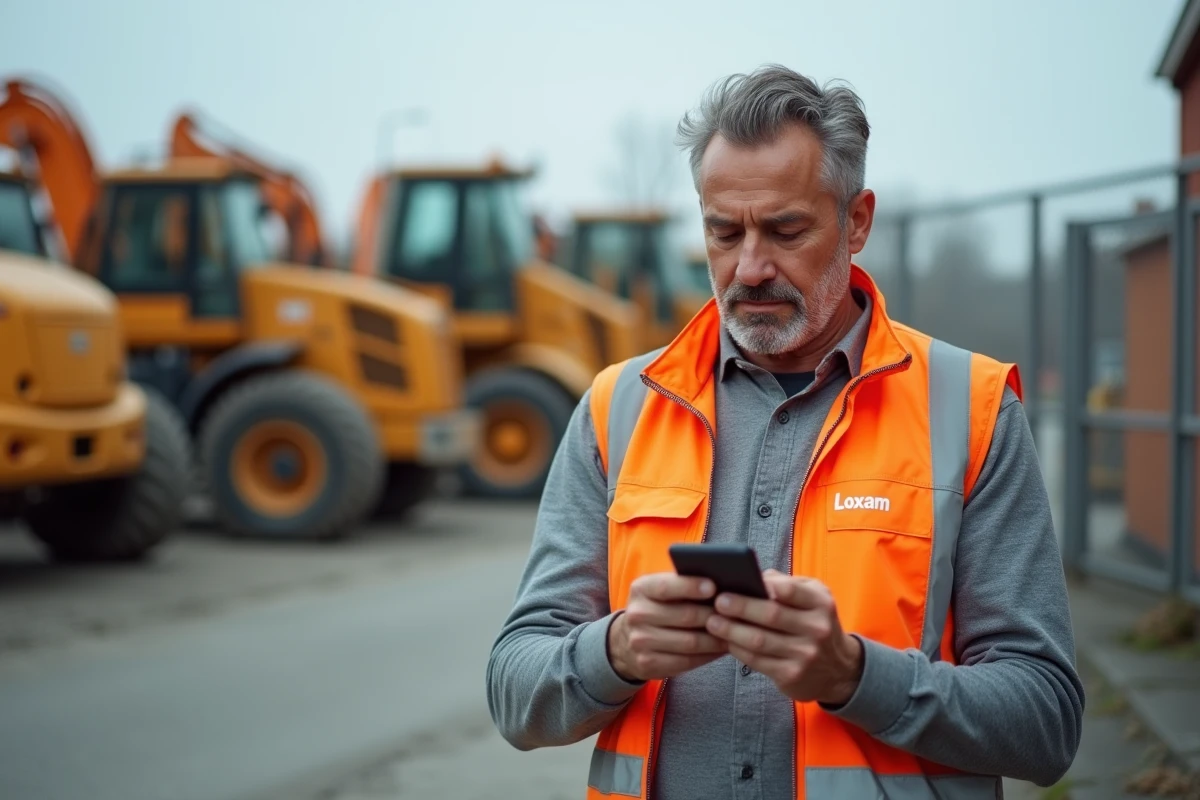 Employé Loxam consultant le portail avantages CE sur son smartphone dans un dépôt de matériel