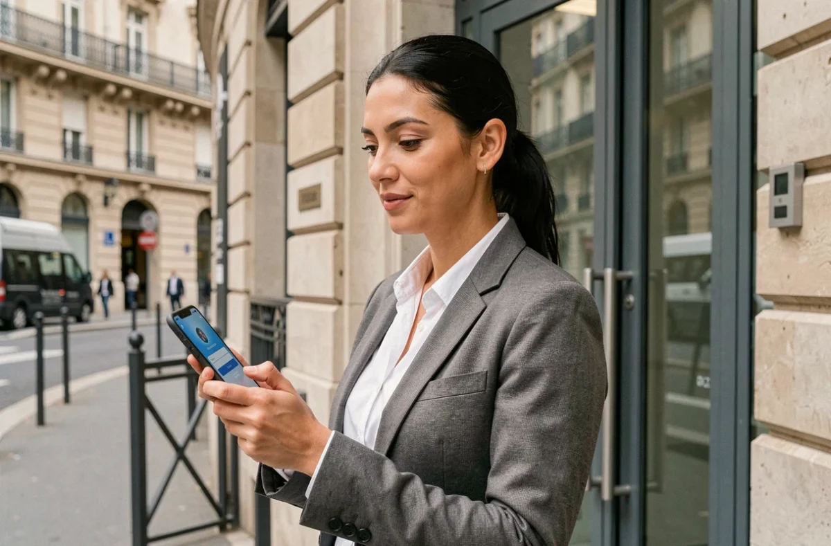 Employée RATP consultant l'interface de connexion Urban Group sur son smartphone devant un bâtiment administratif