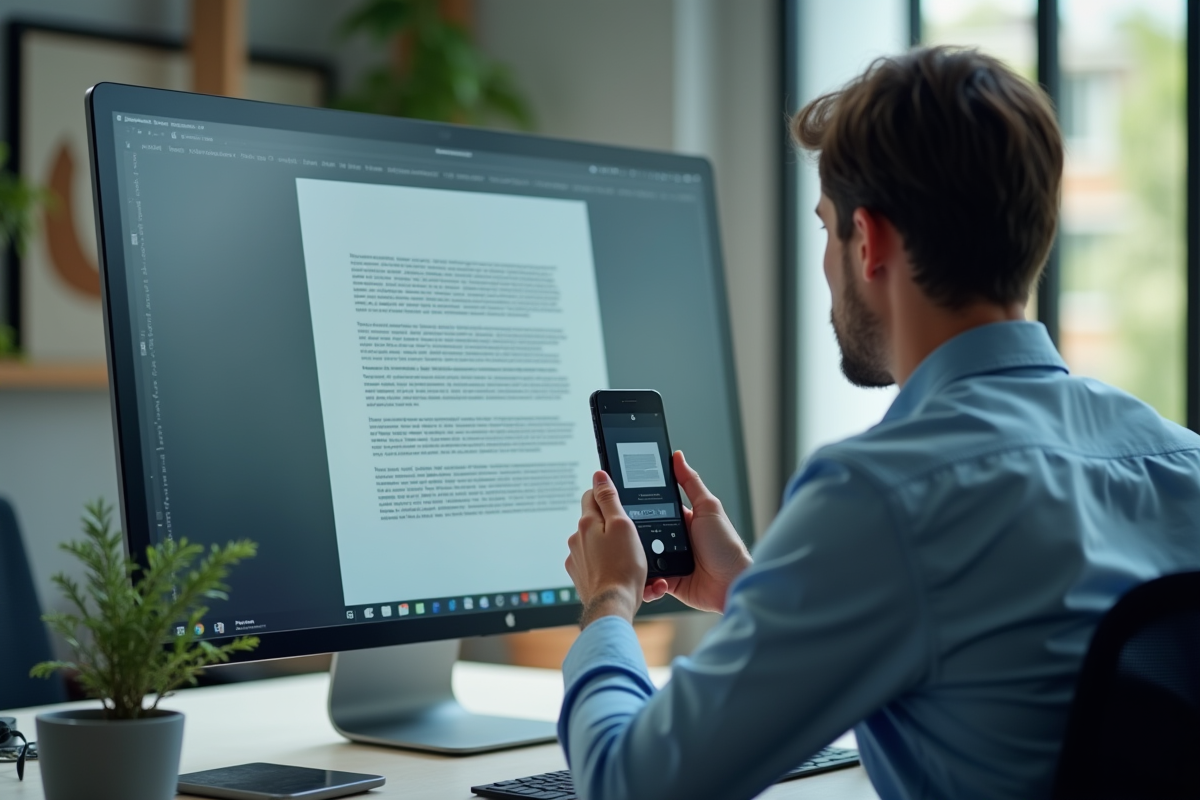 Employe inquiet prenant une photo d un document sur son ordinateur