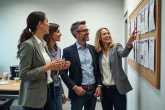 Employés d'entreprise découvrant les avantages du comité d'entreprise GMF affichés sur un tableau d'information en salle de pause