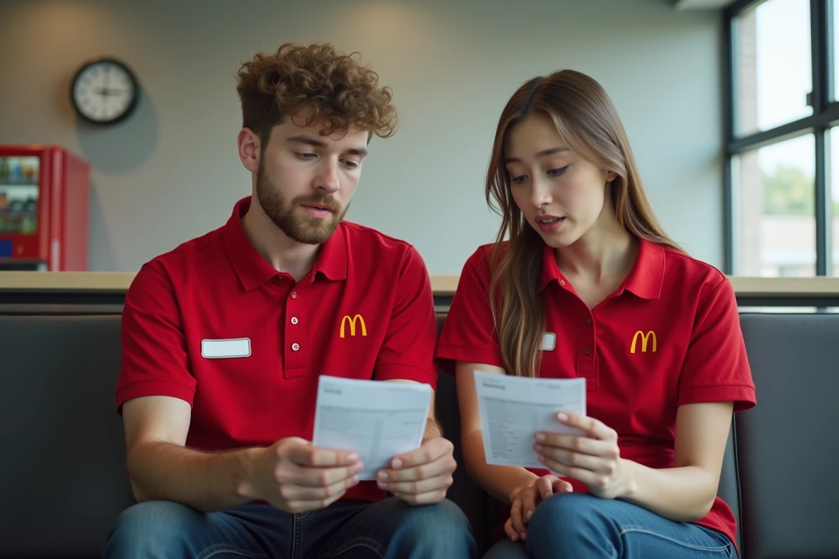 Deux employés étudiants McDonald's comparant leurs fiches de paie avec majorations pendant une pause en salle de repos