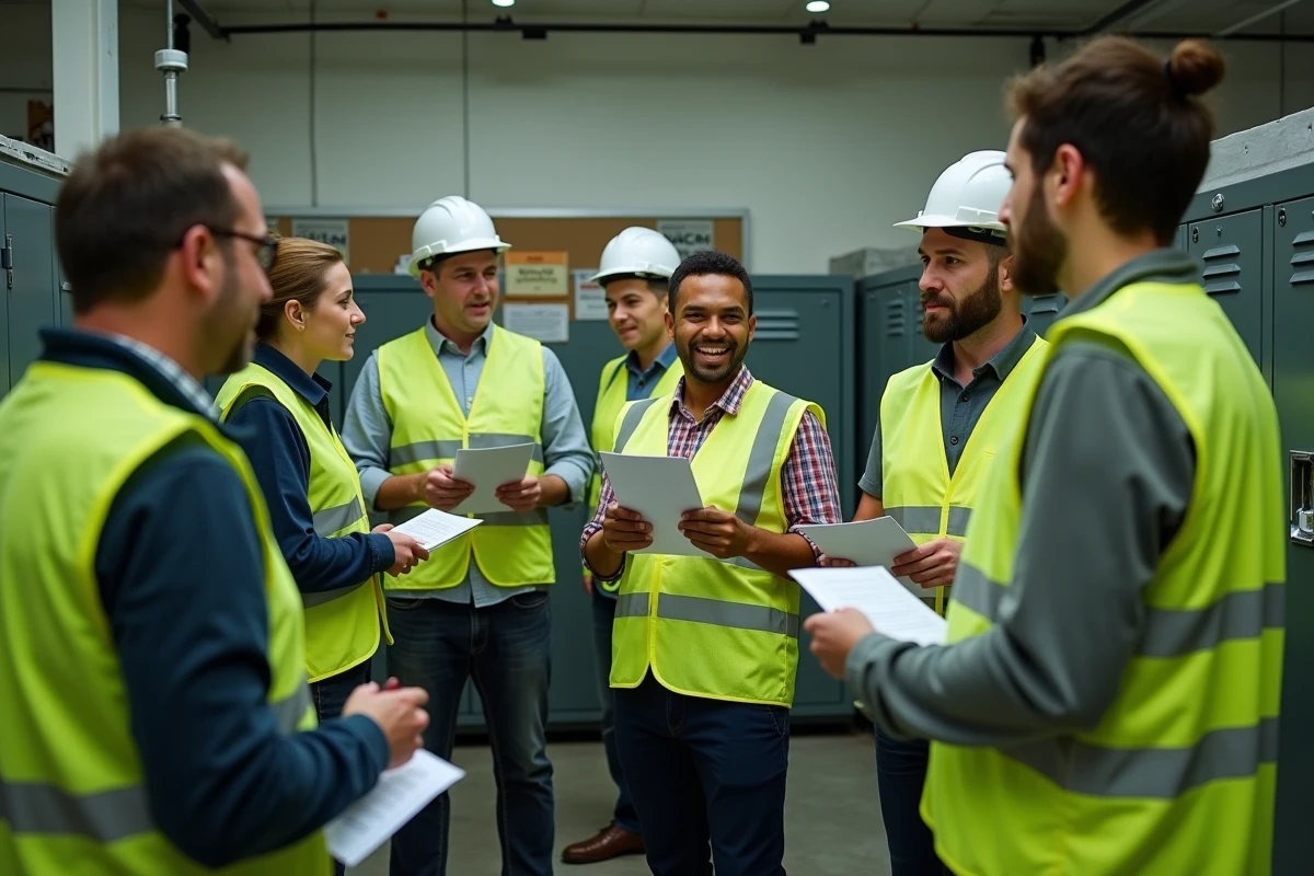 Groupe d'employés en usine discutant des changements apportés par les nouvelles règles du comité social et économique