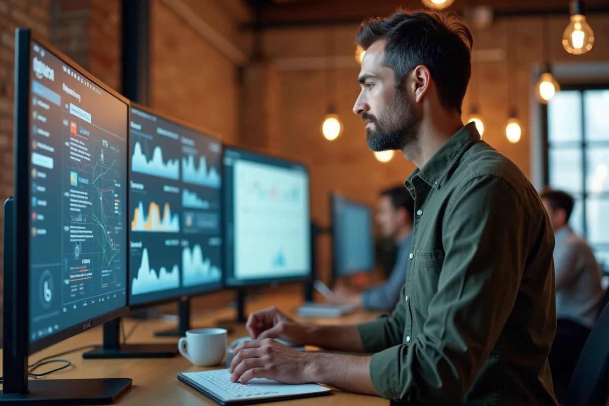 Entrepreneur analysant un tableau de bord de mise en relation professionnelle sur ordinateur dans un espace de co-working pour développer son réseau d'affaires