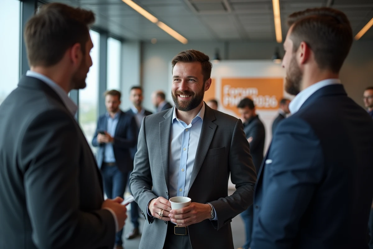 Entrepreneur participant à un forum PME 2026 en France, échangeant des cartes de visite lors d'un événement de networking professionnel
