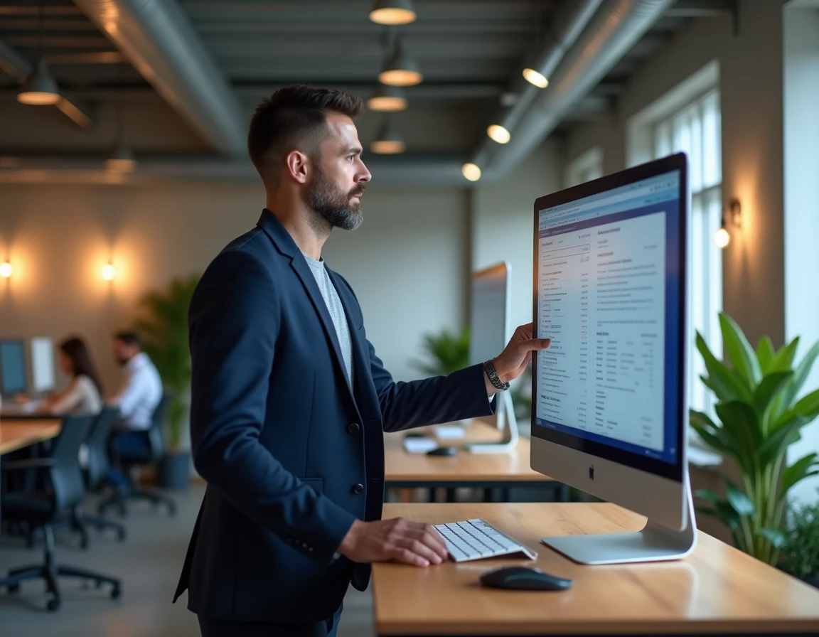 Entrepreneur consultant une plateforme de gestion de documents légaux et de trésorerie sur un grand écran dans un espace de coworking