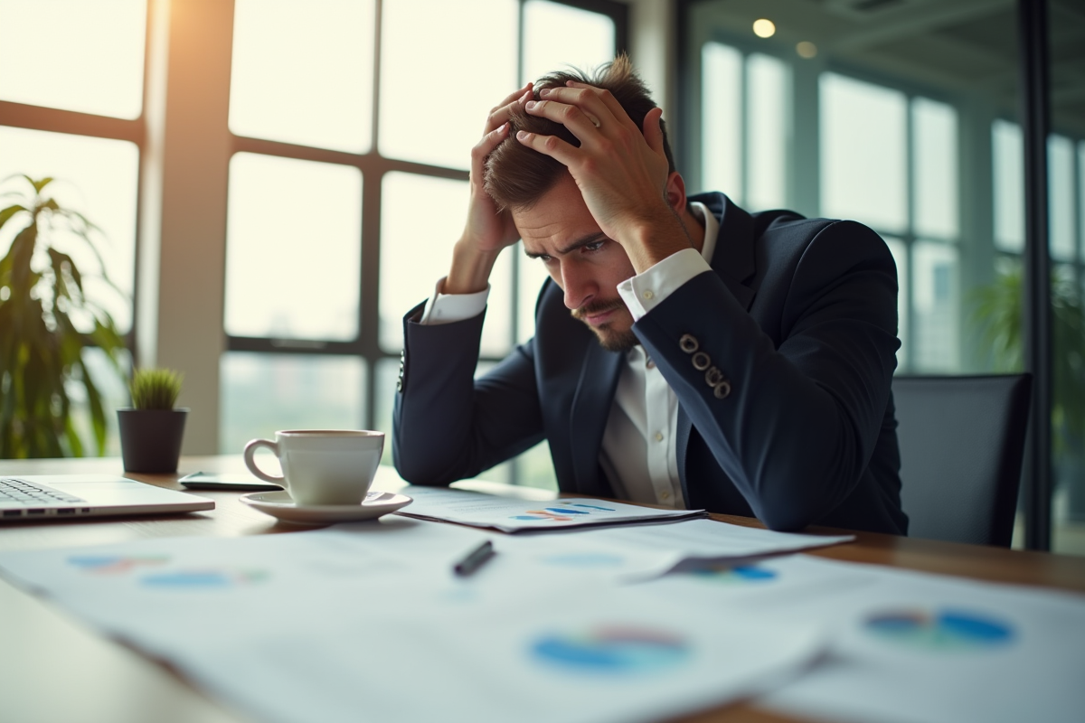 Entrepreneur stressé seul au bureau avec papiers et café