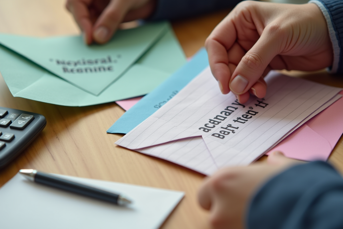 Mains tenant des enveloppes colorées avec un calculateur sur un bureau