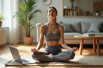 Femme pratiquant le yoga chez elle pour concilier vie personnelle et vie professionnelle grâce aux avantages CSE Altran