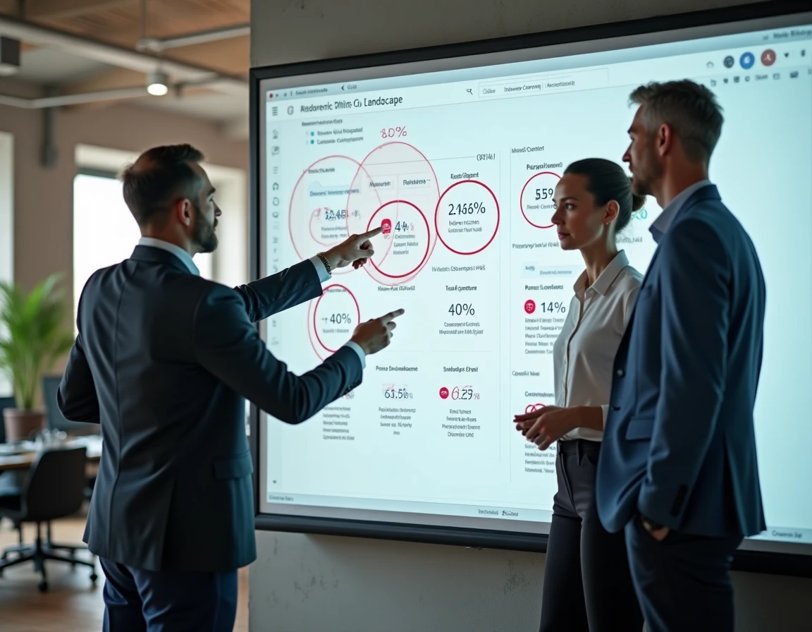 Équipe de consultants identifiant des erreurs dans une analyse de marché concurrentiel sur tableau numérique