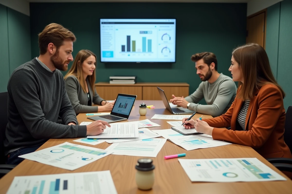 Équipe marketing analysant des preuves d'impact consommateur autour d'une table de réunion avec rapports et données