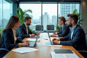 Équipe internationale de professionnels B2B collaborant autour d'une table de réunion avec des documents multilingues et des présentations de marque