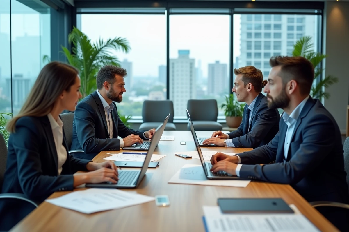 Équipe internationale de professionnels B2B collaborant autour d'une table de réunion avec des documents multilingues et des présentations de marque