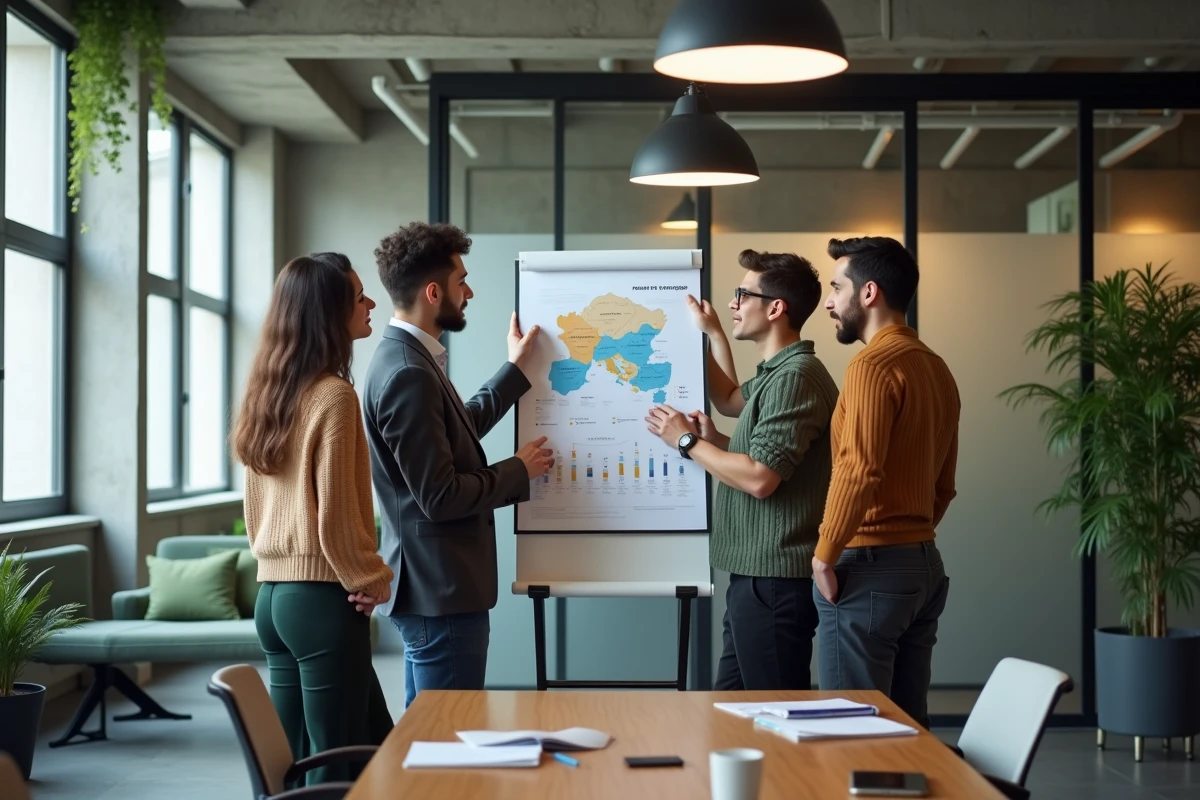 Équipe de professionnels en discussion stratégique autour d'une carte de décision dans un espace de coworking moderne