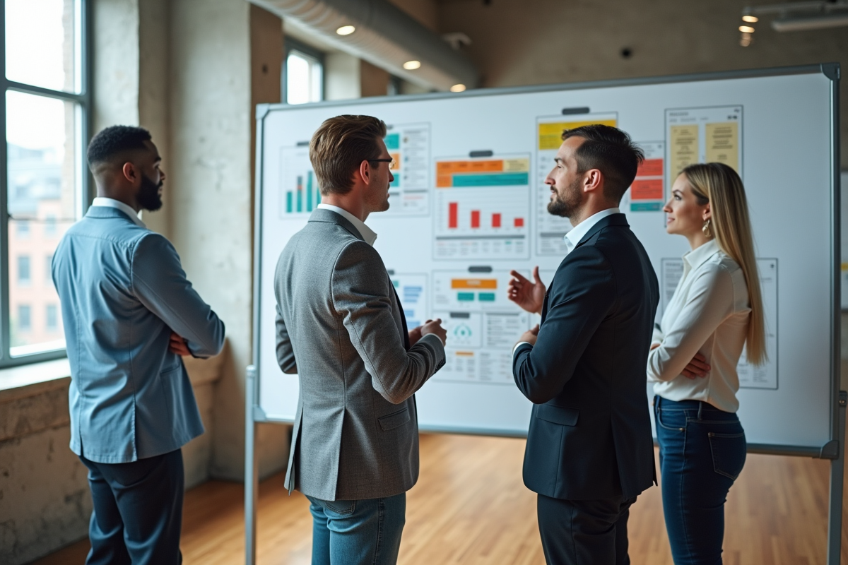 Equipe diverse travaillant sur un tableau blanc marketing