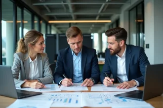 Équipe informatique en réunion stratégique autour d'une table avec des schémas d'architecture SI, illustrant le choix entre un intégrateur local et une solution de gestion