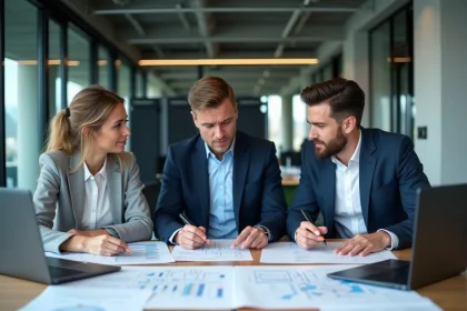 Équipe informatique en réunion stratégique autour d'une table avec des schémas d'architecture SI, illustrant le choix entre un intégrateur local et une solution de gestion
