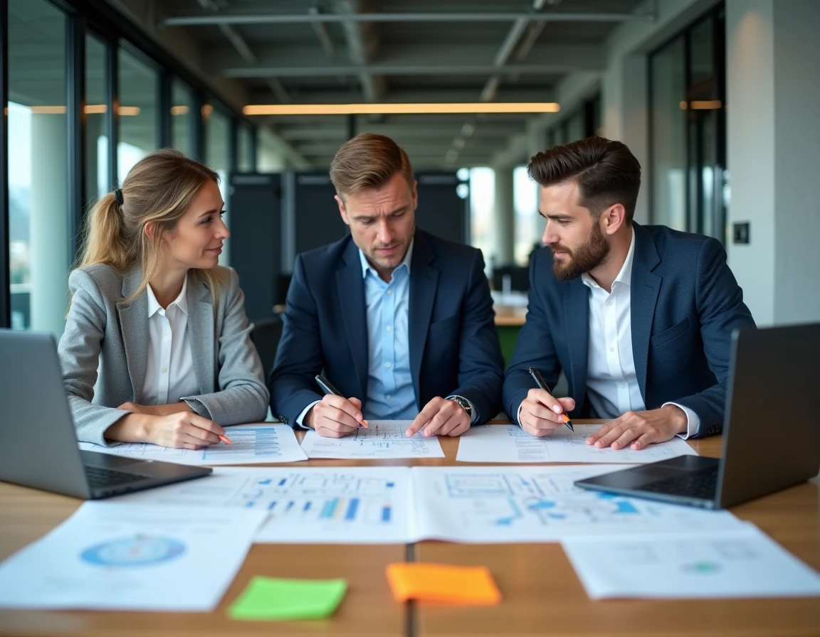 Équipe informatique en réunion stratégique autour d'une table avec des schémas d'architecture SI, illustrant le choix entre un intégrateur local et une solution de gestion
