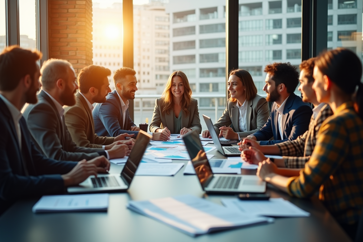 Equipe diverse en réunion marketing dans un bureau lumineux