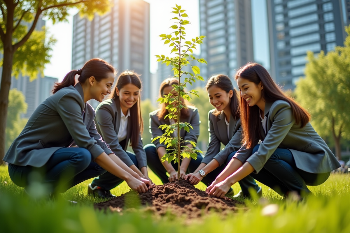 Professionnels plantant des jeunes arbres en ville