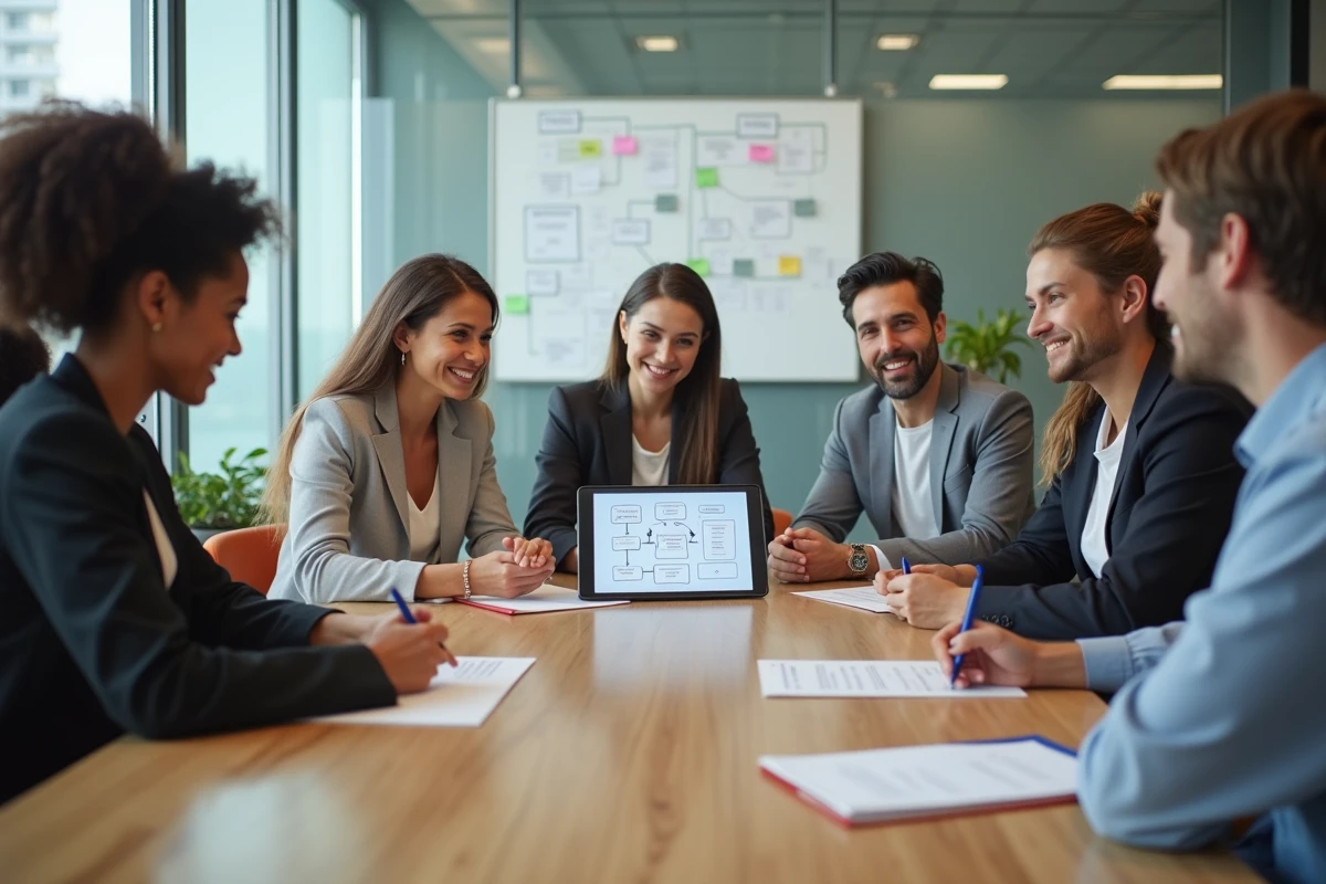Groupe de collègues en réunion collaborative autour d