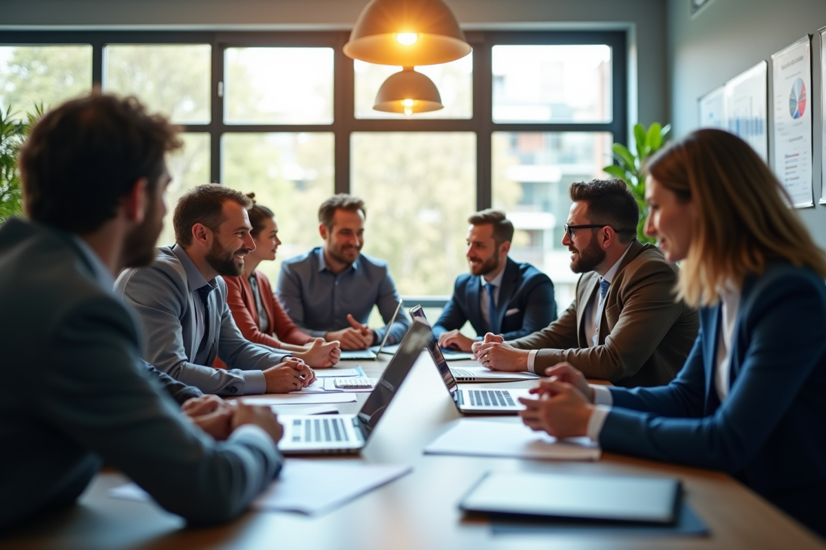 Groupe de professionnels collaborant dans un bureau lumineux
