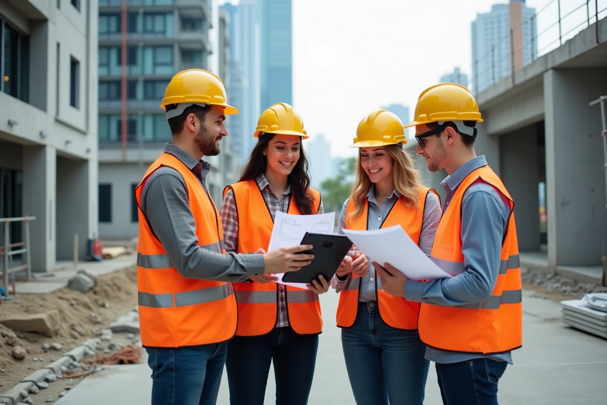 Equipe de professionnels du b&acirc;timent sur site urbain