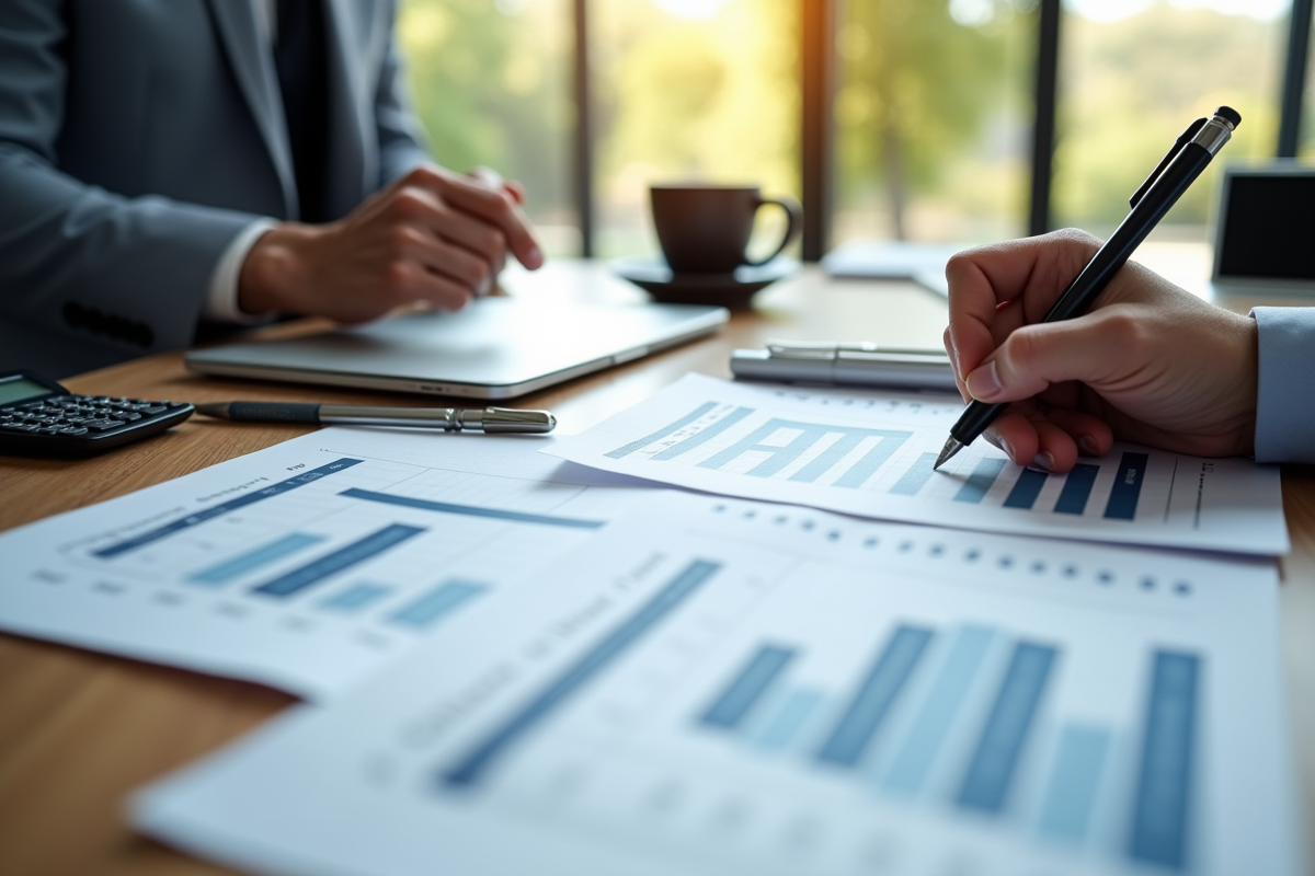 Espace de travail moderne avec documents financiers et ordinateur