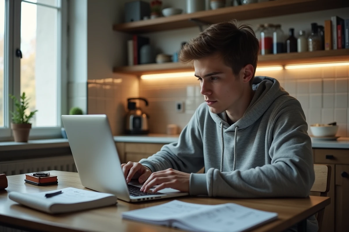 Étudiant calculant son salaire McDonald's avec majorations sur ordinateur portable dans son appartement