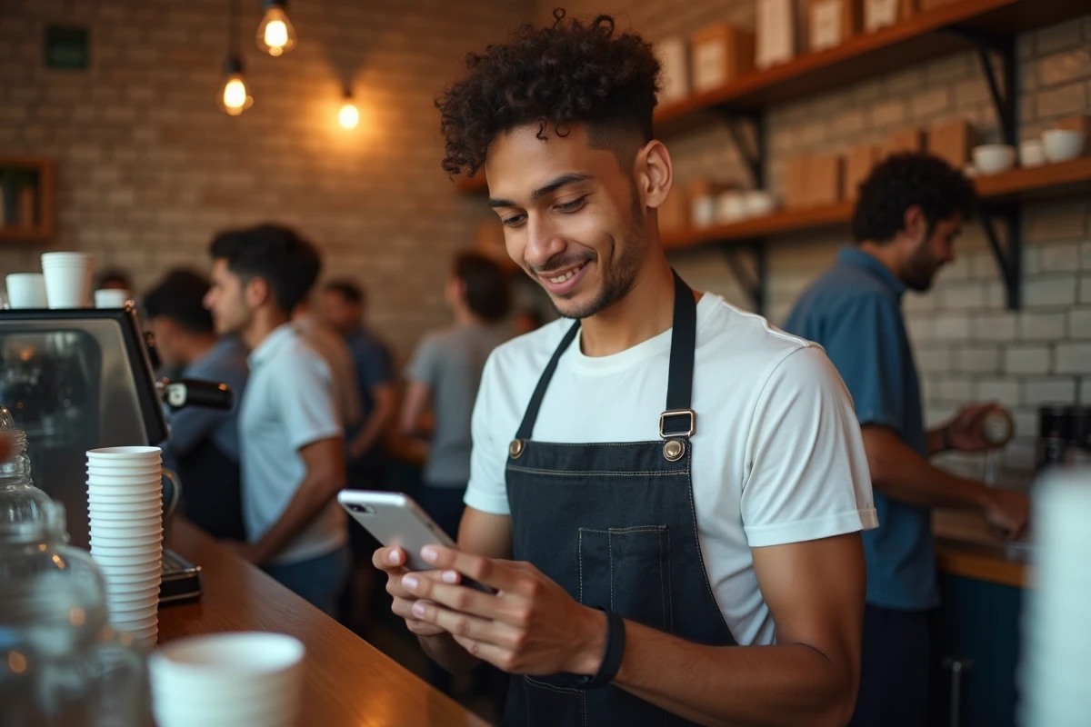 Étudiant salarié consultant son planning d'heures de travail sur son téléphone dans un café
