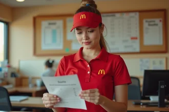 Étudiante employée McDonald's consultant sa fiche de paie en uniforme rouge dans l'espace back-office du restaurant