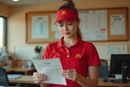 Étudiante employée McDonald's consultant sa fiche de paie en uniforme rouge dans l'espace back-office du restaurant