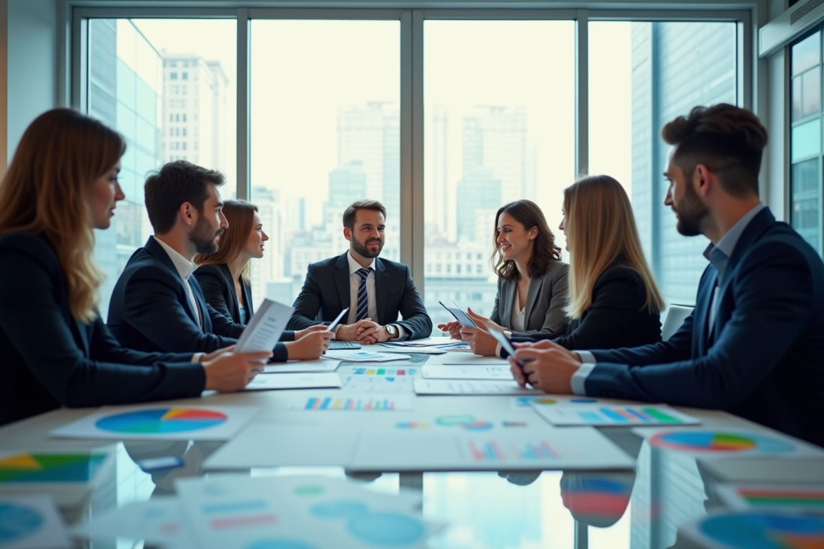 Groupe de cadres analysant des graphiques financiers colorés