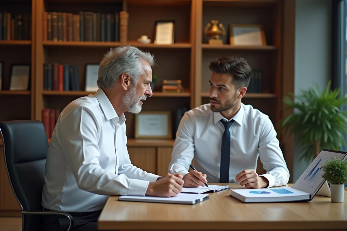 Expert senior conseillant un professionnel dans un bureau privé avec documents et données analytiques sur tablette