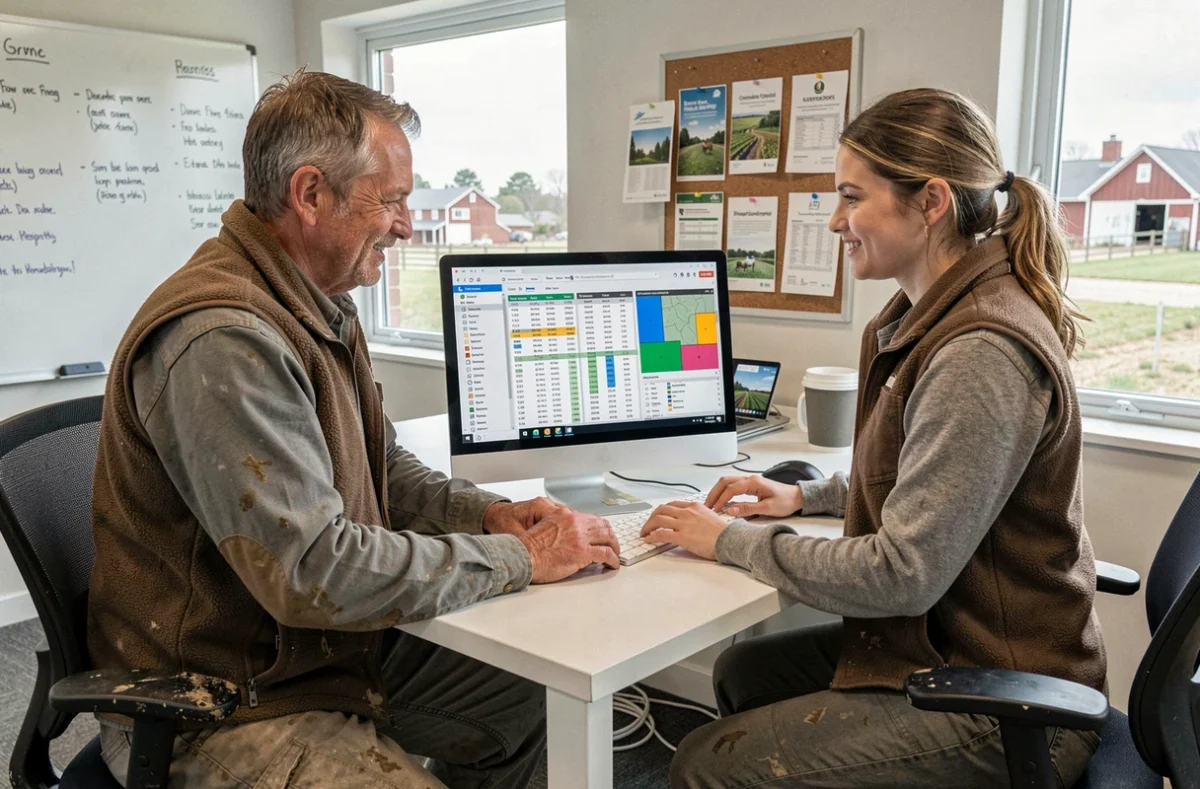 Deux exploitants agricoles analysant ensemble des données de gestion sur un logiciel type TERCIEL dans une coopérative agricole