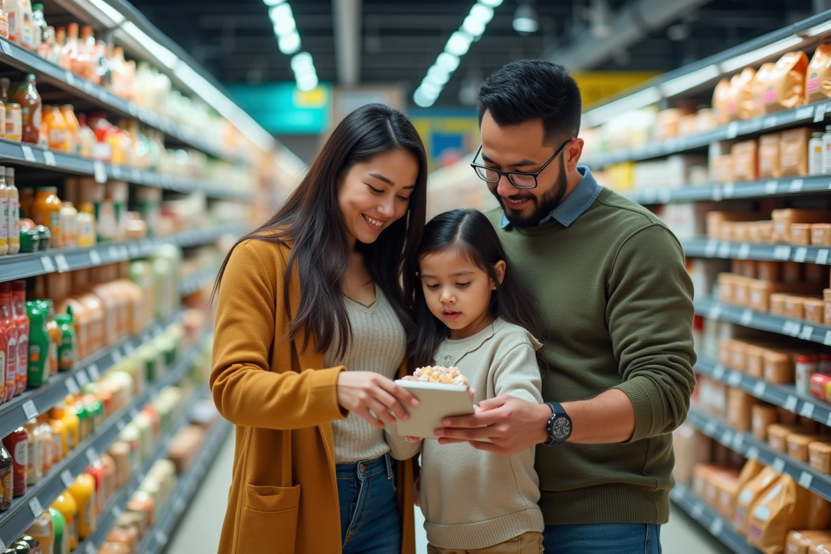 Famille examinant des produits alimentaires avec labels écologiques