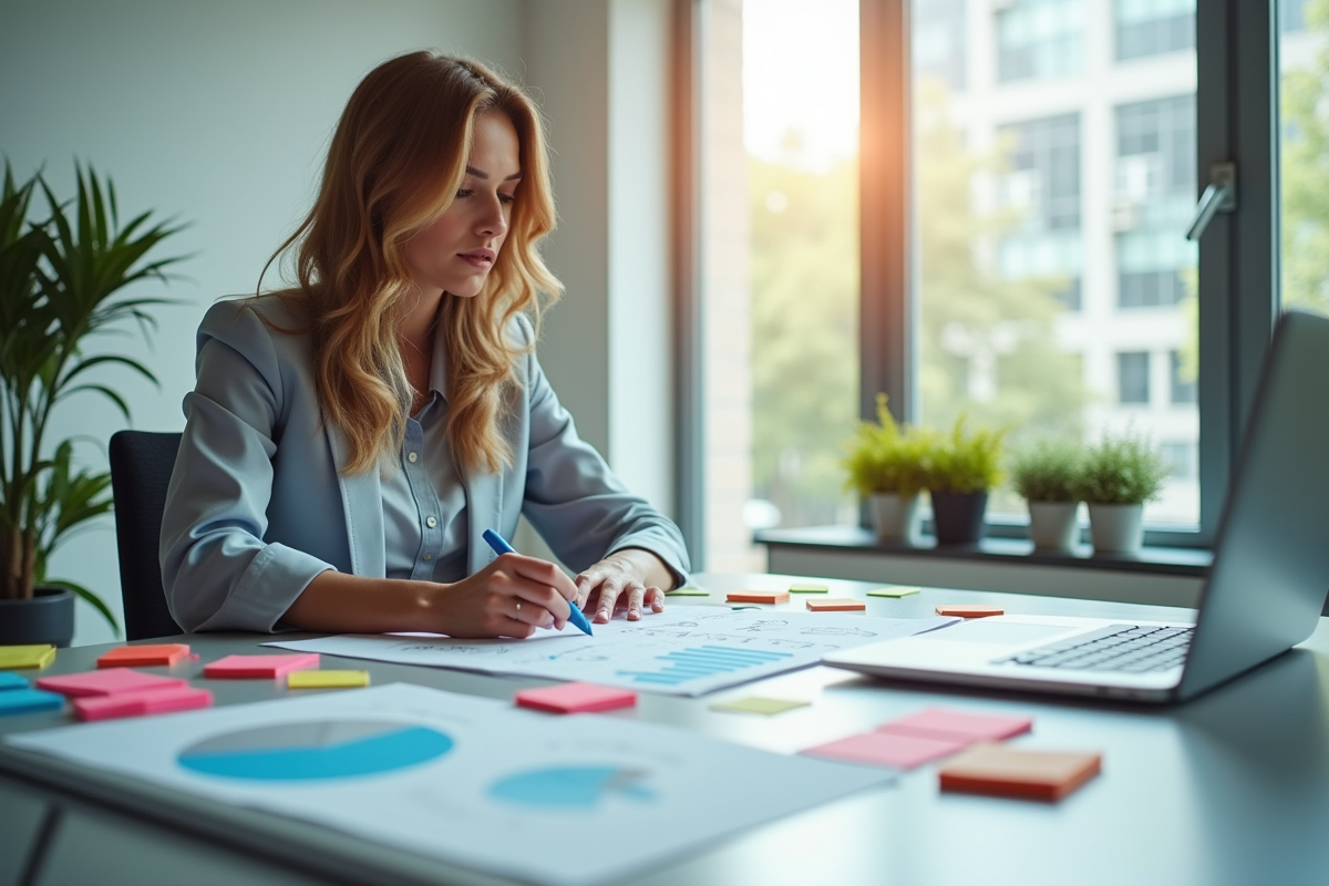 Femme d'affaires analysant des graphiques de marché